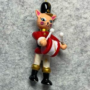 VTG hand painted wooden cat drummer Christmas ornament